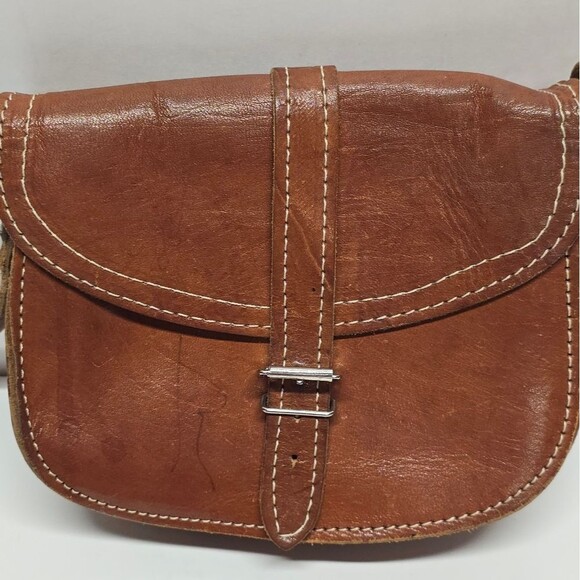 Vintage Mini Leather Saddle Bag in Cognac Brown Boho Hippie Shoulder Purse - Picture 2 of 8
